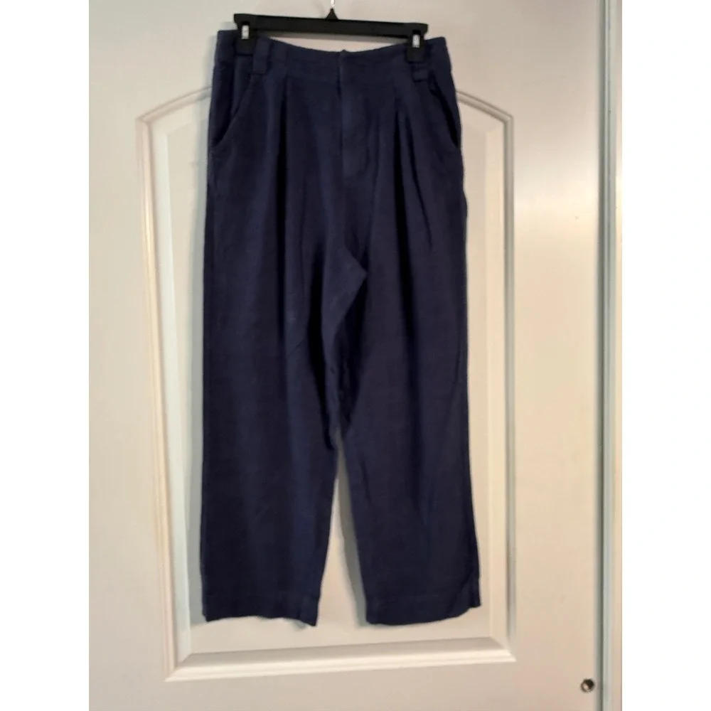 Free People Pleated Linen Blend Wide Leg Pants 6 Navy Blue Boho Chic Relaxed Fit